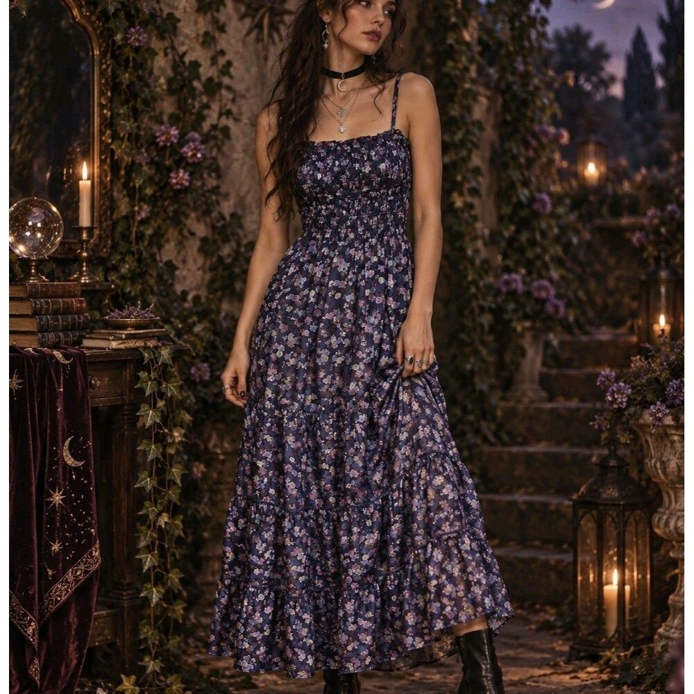 Angie Whimsigoth Jacquard Floral Tiered Maxi Dress Womens M Navy Dark Romantic